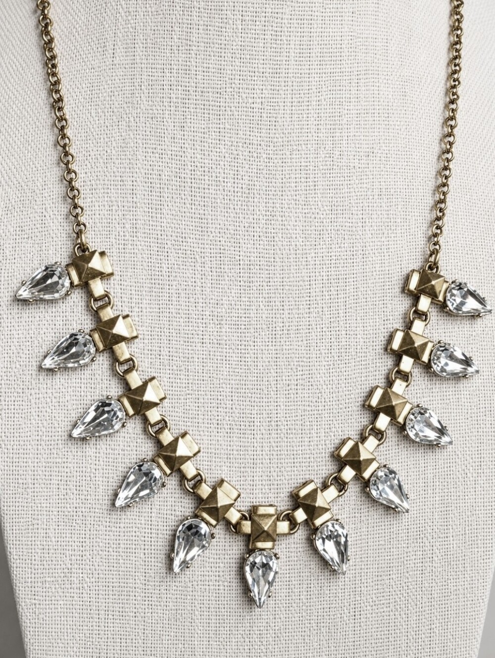 J Crew Teardrop Crystal Clear Rhinestone Matte Oxidized Brass Statement Necklace